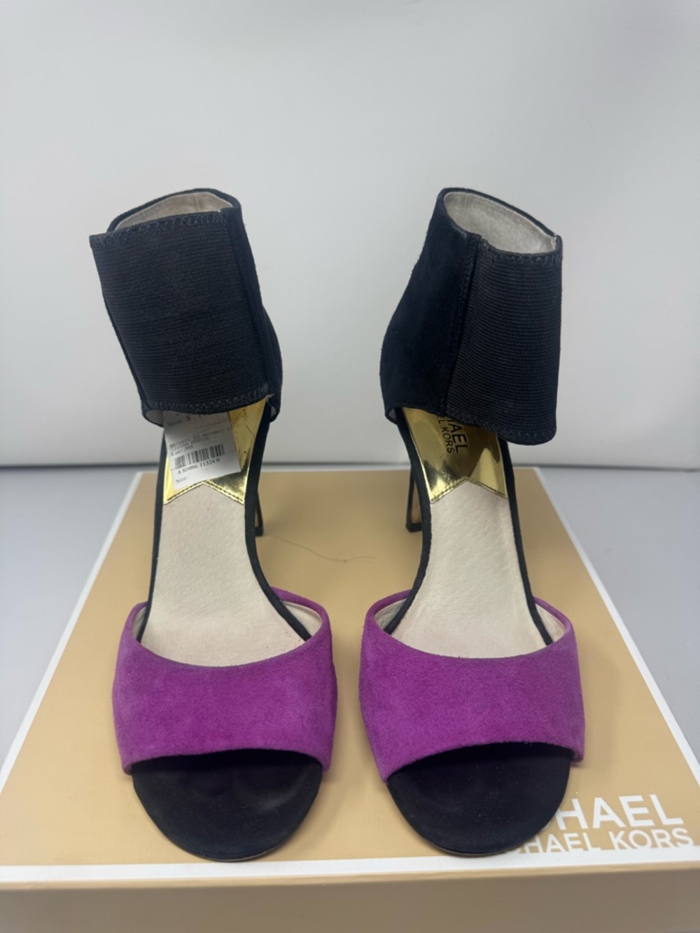 Michael Kors Purple Suede and Black Ankle-Cuff Open-Toe Heels